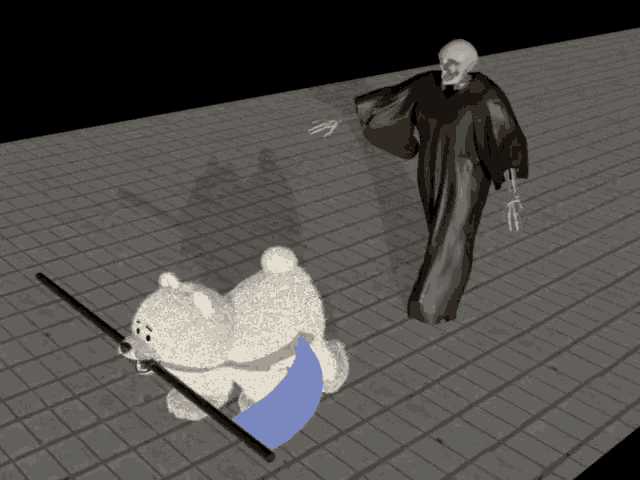 a skeleton is standing next to a teddy bear with a blue ribbon around its neck