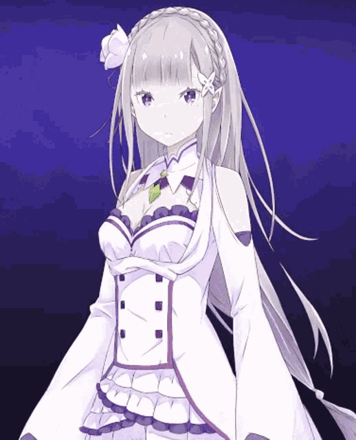 a girl with a flower in her hair is wearing a white and purple dress