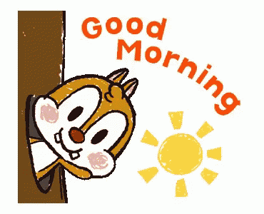 a cartoon chipmunk peeking out from behind a tree trunk with the sun behind it and the words `` good morning '' .