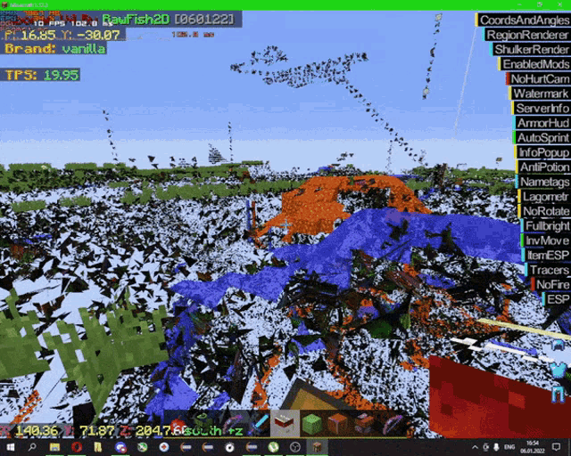 a screenshot of a minecraft game with coordinates and angles visible