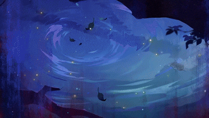 a painting of a pond with leaves and fireflies