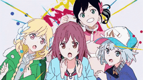 a group of anime girls are standing next to each other and one of them is wearing a baseball cap .
