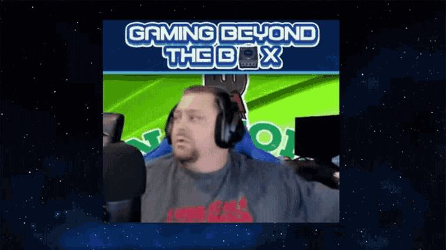 a man wearing headphones with the words gaming beyond the box on the bottom