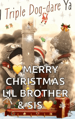 a merry christmas card with two children standing next to a pole .
