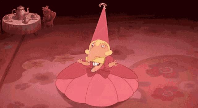 a cartoon character in a pink dress and hat