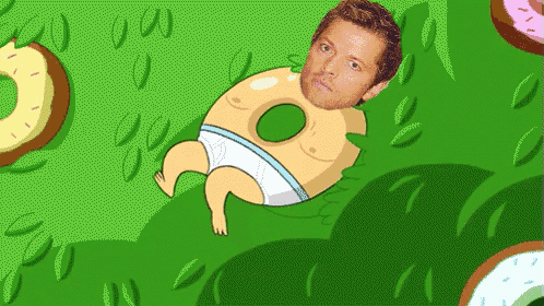 a cartoon of a man in a diaper laying in the grass with donuts around him