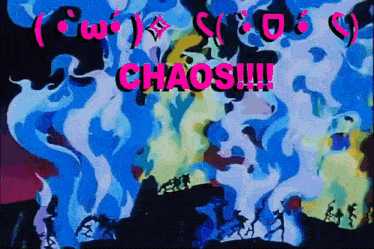 a painting of a fire with the words chaos written in red