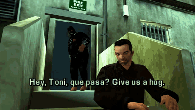 a man in a video game is talking to another man in front of a fire exit sign