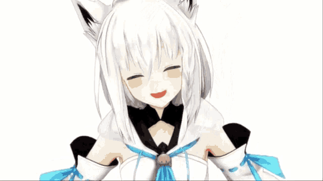 a 3d anime girl with white hair and black ears is smiling and looking at the camera .
