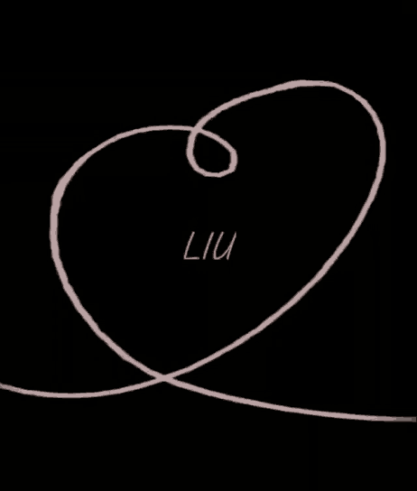 a pink swirl with the word liu in red
