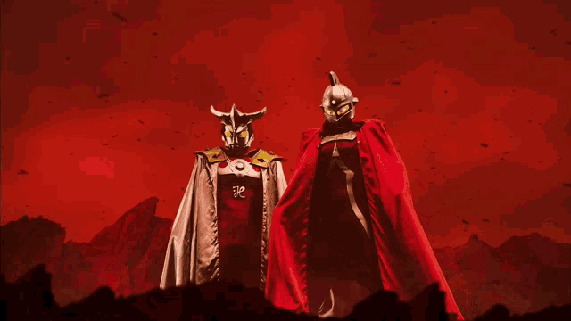 a couple of cartoon characters standing next to each other with a red background