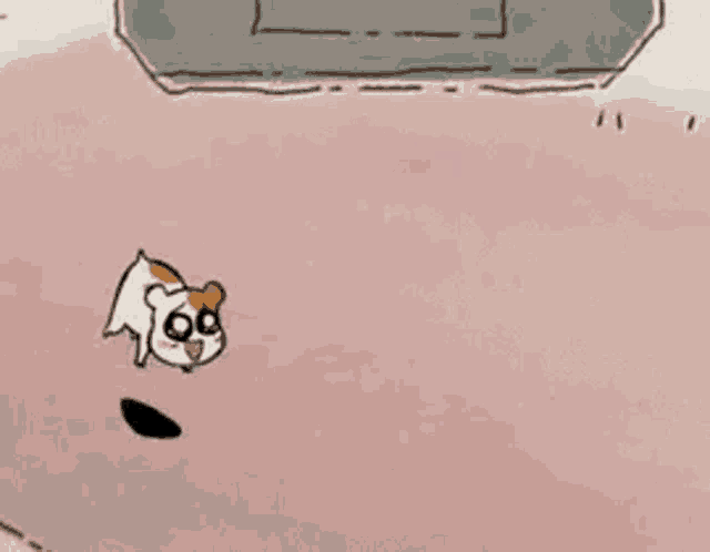 a cartoon cat is laying on its back on a pink floor .