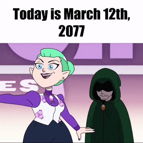 a cartoon of a woman and a man with the date march 12th 2071