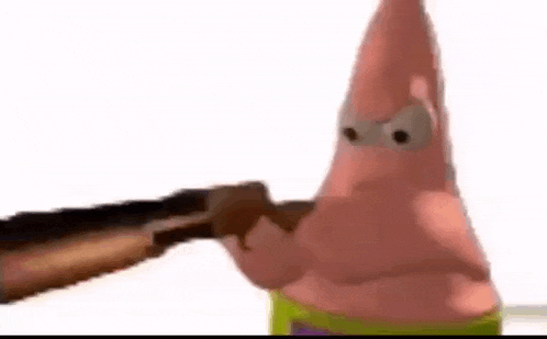 patrick star from spongebob squarepants is holding a shotgun in his hand .
