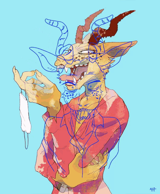 a drawing of a goat wearing glasses and holding a mask