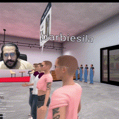 a group of people standing in a room with barbiesila written on the bottom right