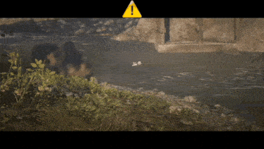 a yellow triangle with an exclamation point on it is above a body of water