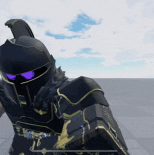 a black and gold knight with purple eyes is standing in front of a cloudy sky