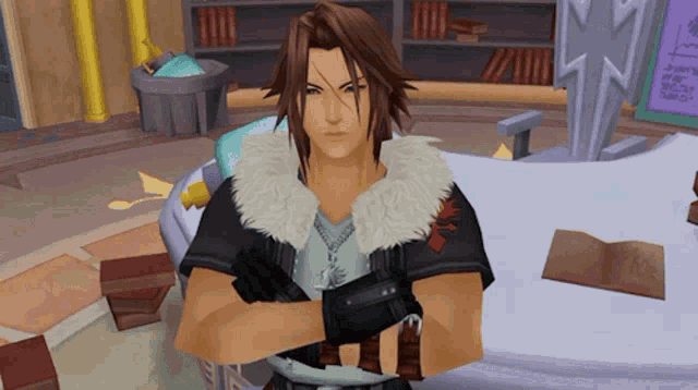 a cartoon character with a fur collar stands in a room
