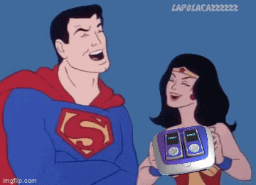 a cartoon of superman and wonder woman laughing and holding a device that says power
