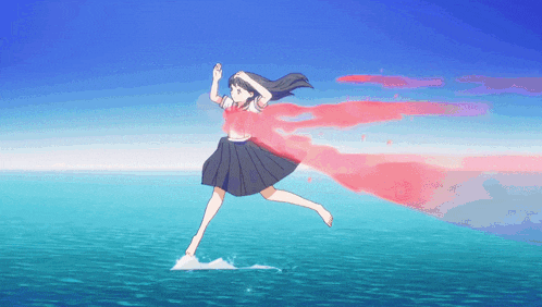 a girl in a school uniform is running in the water
