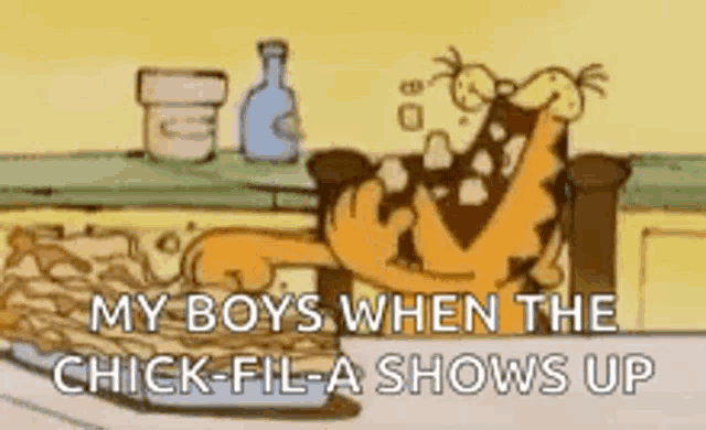 a cartoon of garfield sitting on a couch eating chicken nuggets .