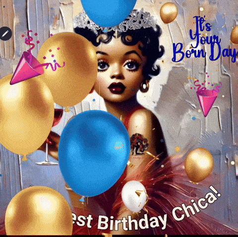 a picture of betty boop with balloons and the words it 's your born day