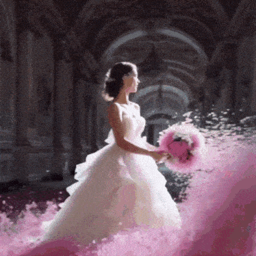 a woman in a wedding dress holding a bouquet of flowers