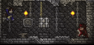 a pixel art of a person in a wheelchair standing in front of a brick wall .