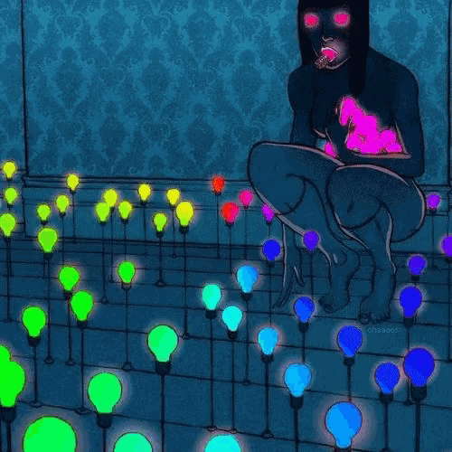 a drawing of a naked woman surrounded by glowing lights