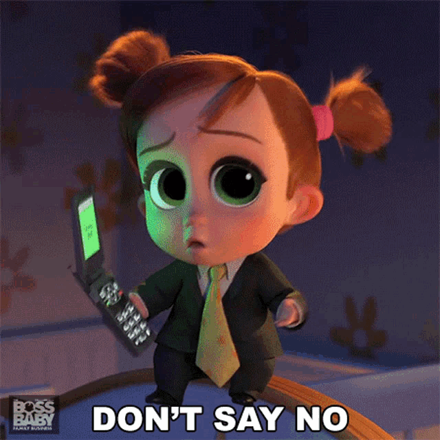 a little girl from the boss baby family business holding a cell phone
