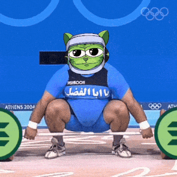 a cartoon of a man squatting with a barbell in front of athens 2004 banners