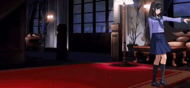 a girl in a school uniform is standing in a living room