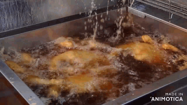 fried food is being cooked in a fryer with the words made in " animotica " on the bottom