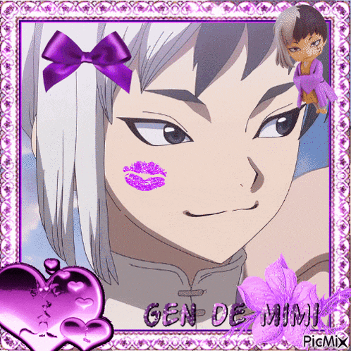 a picture of a boy with a purple bow and a kiss on his cheek