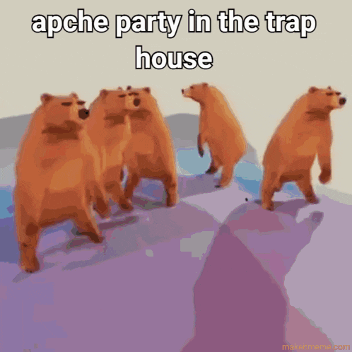 a group of brown bears are walking in a line and the caption says apche party in the trap house
