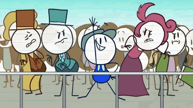 a group of stick figures are standing behind a fence and one of them is wearing a top hat
