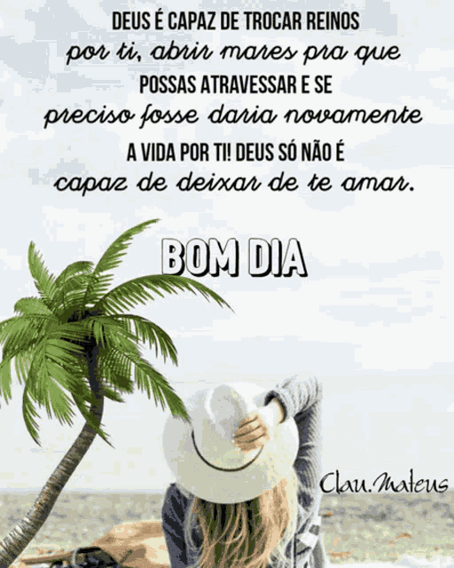 a picture of a woman on a beach with the words bom dia written on it