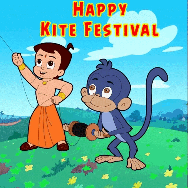 a happy kite festival greeting card with a monkey and a boy flying a kite