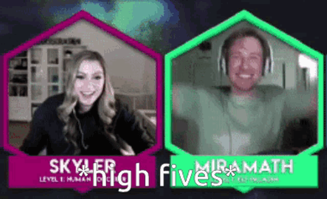 a man and a woman are sitting next to each other with the words skyler high fives miramath on the bottom