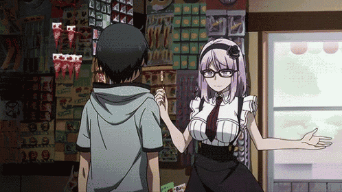 a man and a woman are standing next to each other in a store with a sign that says b on it