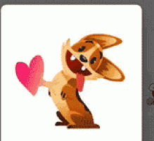 a cartoon dog is holding a pink heart with its tongue hanging out .