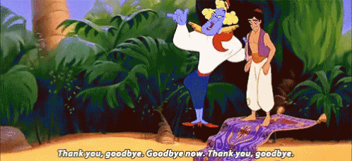 a cartoon of a genie saying thank you goodbye goodbye now thank you goodbye