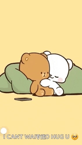 a cartoon of two teddy bears hugging each other with hearts coming out of their heads .