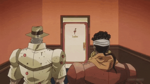 two anime characters are looking at a door that says ladies