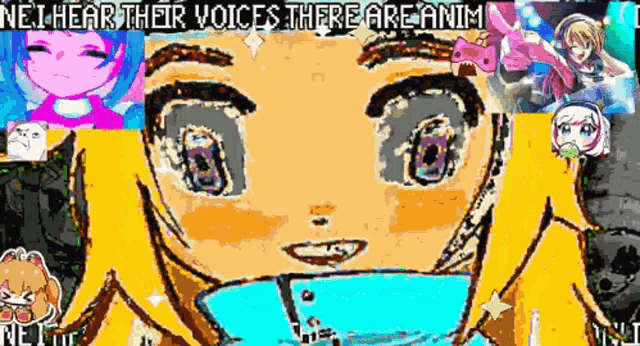 a cartoon drawing of a girl with the words " neil hear their voices there are anim "