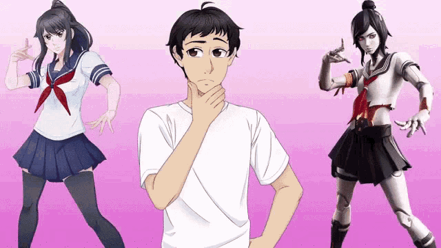 a man is standing in front of a pink background with two anime characters