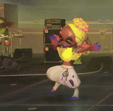 a cartoon character is standing on a stage wearing a yellow hat