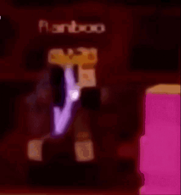 a blurred image of a person standing in front of a flamingo sign