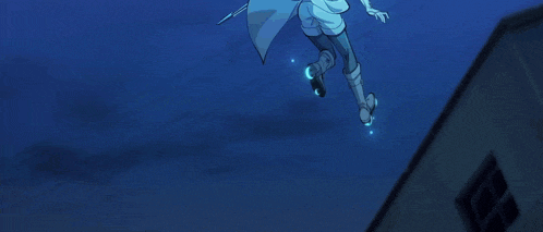 a cartoon character is flying through a blue beam of light .